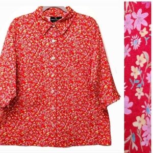 Vintage Carole Little Ditzy Floral Red Cotton Button Up Top Size 14 Cottagecore